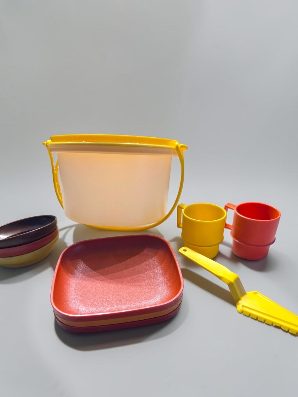 Vintage Mid-Century Plastic Picnic Set with Bucket, Plates, Bowls, Cups, and Utz